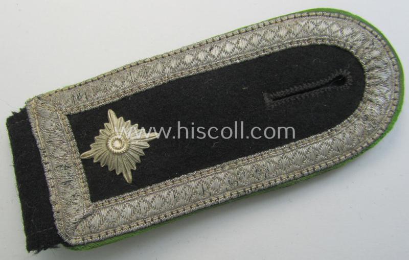 Superb - albeit regrettably single! - Waffen-SS, NCO-type shoulderstrap as piped in the bright-green-coloured branchcolour as was intended for usage by an: 'SS-Oberscharführer' who served within the: 'SS-Panzer-Grenadier-Truppen'