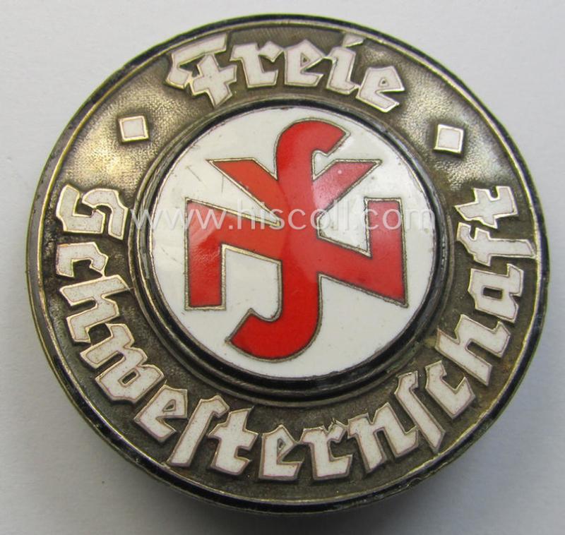 Attractive - albeit period repaired - DRK- (ie. 'Deutsches Rotes Kreuz'- or German Red Cross) related so-called: nurses'-brooch entitled: 'Freie Schwesternschaft' (being a moderately used-, multi-coloured-enamelled and maker-marked example)