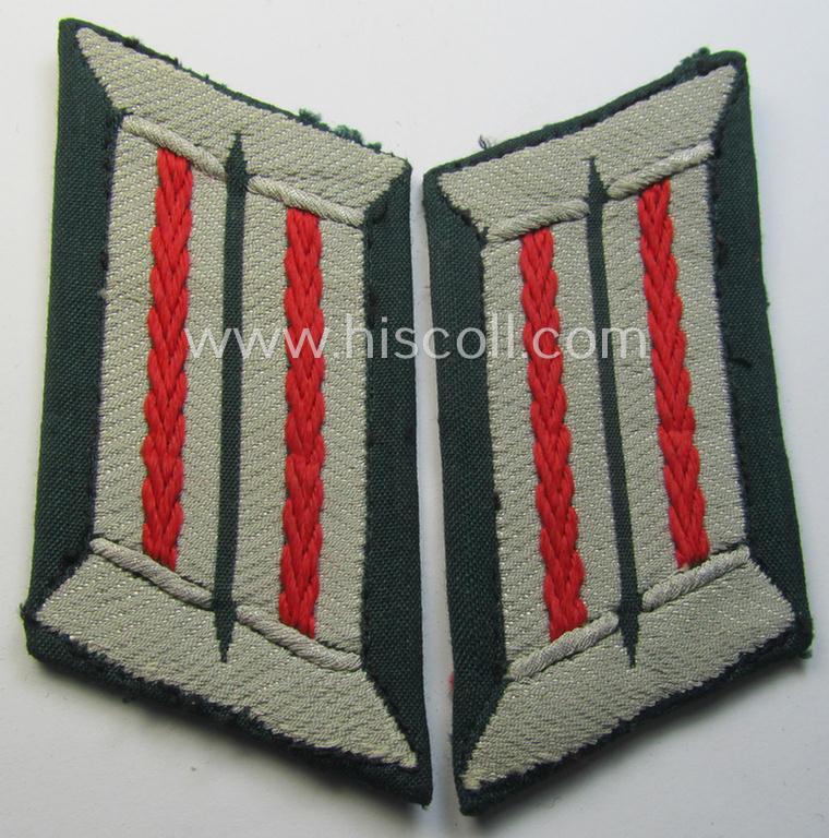 Attractive - and truly used! - pair of WH (Heeres) (later-war-pattern) officers'-type collar-tabs (ie. 'Kragenspiegel für Offiziere') as executed in 'BeVo'-weave pattern as was intended for an officer serving within the: '(Sturm)Artillerie-Truppen'