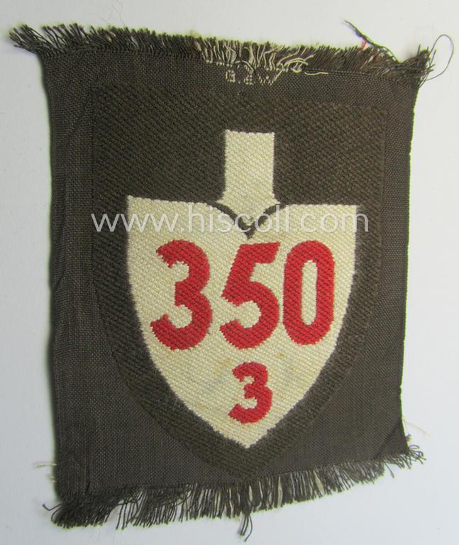 Attractive - 'BeVo'-woven and brown-coloured! - enlisted-mens'- (ie. NCOs'-) pattern so-called: RAD (ie. 'Reichsarbeitsdienst') sleeve-badge (or: 'Dienststellenabzeichen') bearing the specialist- ie. unit-designation that reads: '350/3'