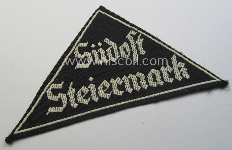 'HJ' ('Hitlerjugend') ie. 'BDM' ('Bund Deutscher Mädel') district-triangle (ie. 'Gebietsdreieck') entitled: 'Südost Steiermark' (being a 'virtually mint' example that misses its: 'RzM'-etiket)