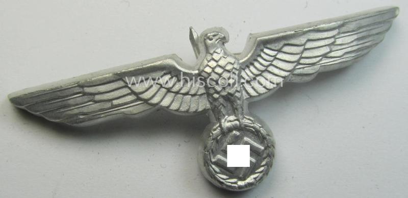 Neat, WH (Heeres) bright-silver-toned (ie. aluminium-based), EM- (ie. NCO- or officers') type visor-cap-eagle being a non-maker-marked example that comes in a just minimally used- ie. once cap-attached, condition