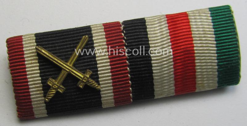 Two-pieced, WWII-period (ie. DAK-related!) medal-bar (ie. 'Band- o. Feldspange') showing resp. the ribbons for a: 'KvK II. Klasse mit Schwertern' and a: 'Deutsch-Italienische Feldzugsmedaille'