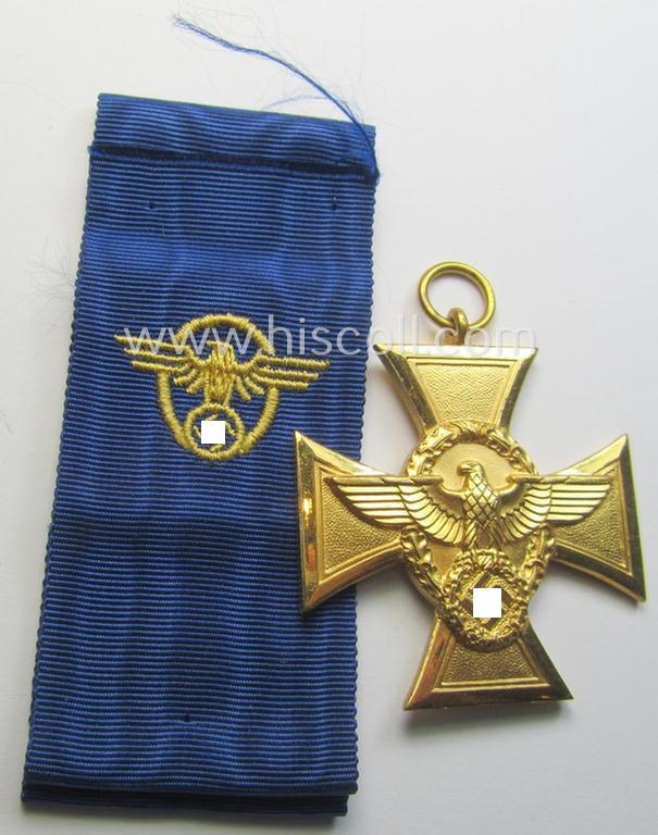 Very attractive, golden-class 'Polizei-Dienstauszeichnung 1. Stufe' (or: police loyal-service medal first-class) that comes with its accompanying (and scarcely seen!) ribbon (ie. 'Bandabschnitt')