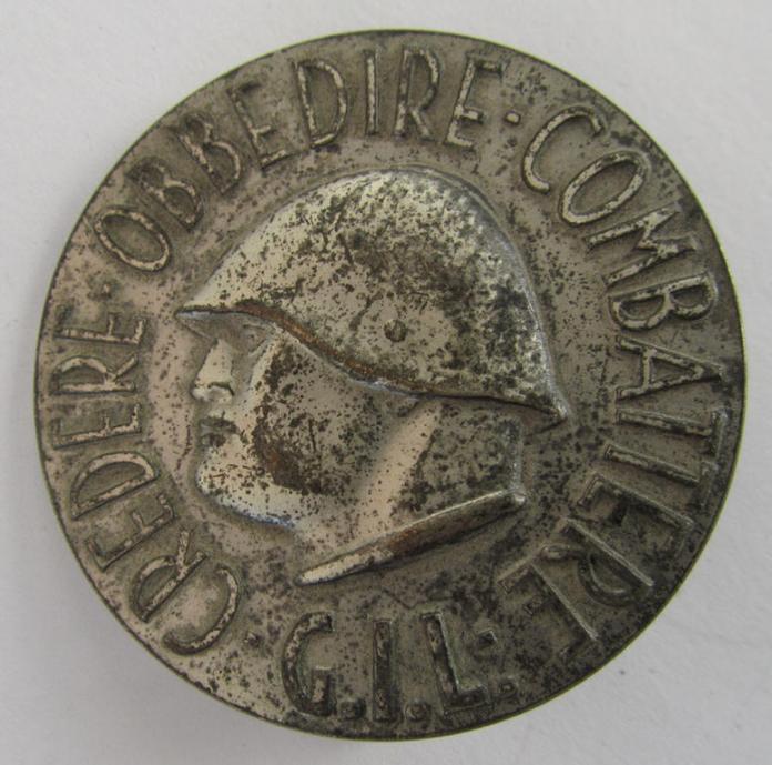 Neat, WWII-period-, Italian Facist youth-movement (or: 'Gioventù Italiana del Littorio' ie. 'GIL') sports-award, as executed in silver-toned-metal, being a neatly maker- (ie. 'S. Johnson - Milano'-) marked example