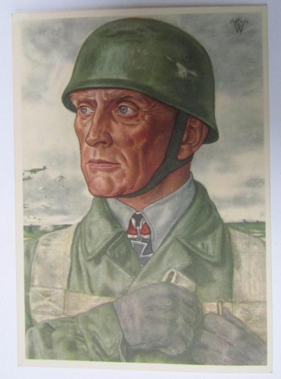 Neat, period- and/or colourfull, so-called: 'Willrich'-type-, picture-postcard from the famous series: 'Unsere Luftlandetruppen', depicting the 'Fallschirmjäger u. Oberst' Bräuer that comes in a virtually mint- ie. unissued condition