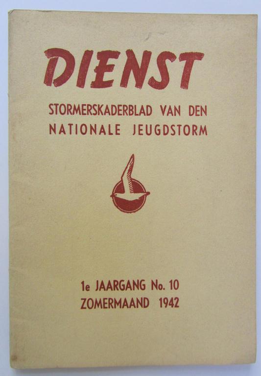 Neat, Dutch-language-, 'Dienst Stormerskaderblad van den Nationale Jeugdstorm' (being a so-called: 'NJS-Kaderblad - 1. Jaargang - No. 10 - Zomermaand 1942'-edition) that comes in an overall nice- (albeit used- and/or read-), condition