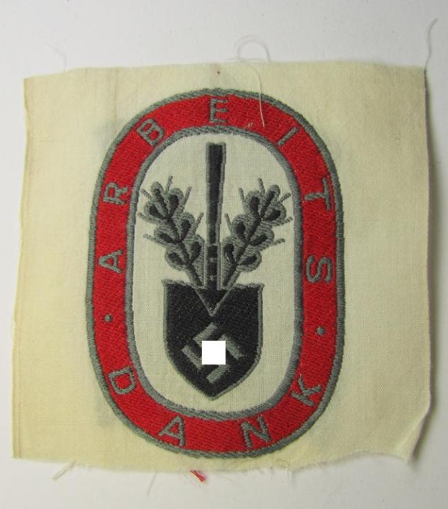 Superb - and never before seen! - multi-coloured- and/or neatly 'BeVo'-woven so-called: 'Reichsarbeitsdienst'- (ie. RAD-) related sport-shirt-patch entitled: 'Arbeitsdank' (that comes in a 'virtually mint'- and/or never tunic-attached condition)