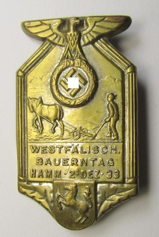 Commemorative, copper-based- and early-period, N.S.D.A.P.-related 'tinnie' being a non-maker-marked example depicting an eagle-device and farmers'-scenery and showing the text: 'Westfälisch. Bauerntag - Hamm - 2. Dez. 1933'