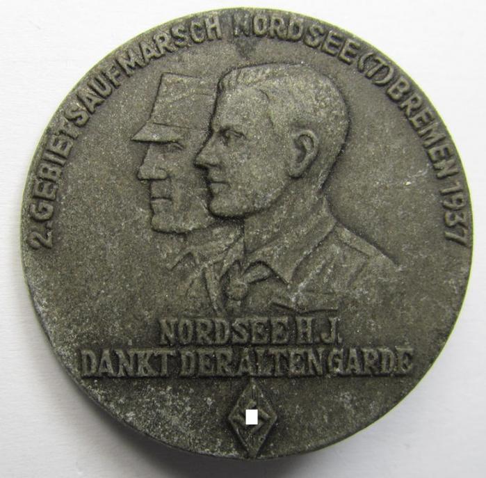 Commemorative, 'HJ'-related 'tinnie' being a maker- (ie. 'W. Jäger'-) marked example depicting the text: '2. Gebietsaufmarsch - Nordsee (7) Bremen - 1937'