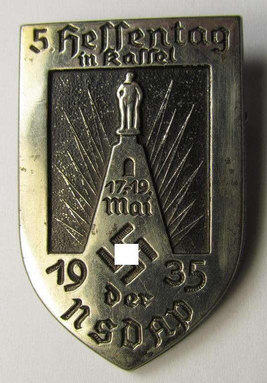 Commemorative, silver-toned N.S.D.A.P.-related 'tinnie' being a non-maker-marked example depicting a monument and showing the text: '5. Hessentag der N.S.D.A.P. in Kassel - 17.19. Mai 1935'