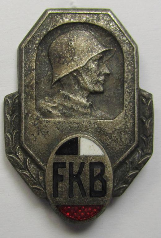 German, post-WWI-period- and/or neatly 'Buntmetall'-based, so-called: 'KFB'- (ie. 'Frontkriegerbund'-) related: veterans & reservists- membership lapel-pin (being a maker- ie. 'Deschler & Sohn - München'-marked example)