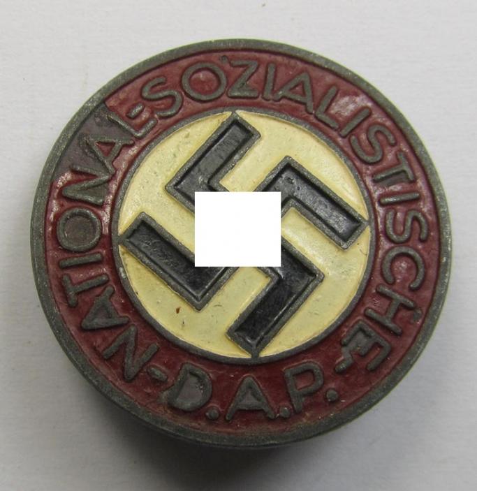 Non-enamelled (ie. painted) bright-red-coloured- and/or 'variant'-pattern 'N.S.D.A.P.' membership-pin- ie. party-badge (or: 'Parteiabzeichen') which is nicely maker-marked on the back with the makers'-designation: 'RzM' and/or: 'M1/34'