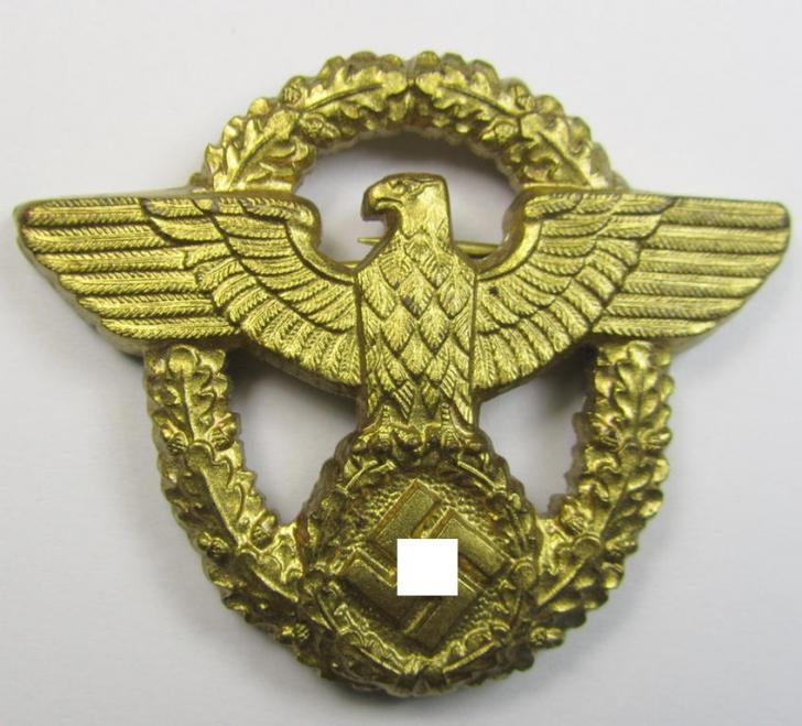 Superb, bright-golden-toned- and/or aluminium-based, 'Polizei'-visor-cap eagle, being a maker- (ie. 'HA'-) marked example, as was intended for usage on the various: 'Wasserschützpolizei' (or: general-officers') visor-caps (ie. 'Schirmmützen')