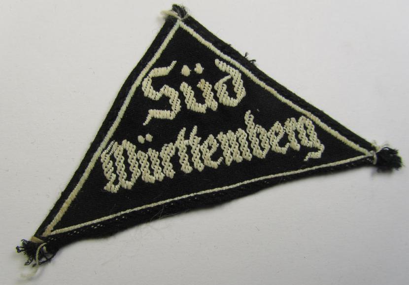 'HJ' ('Hitlerjugend') ie. 'BDM' (or: 'Bund Deutscher Mädel') district-triangle (ie. 'Gebietsdreieck') being an example that misses its 'RzM-etiket' and that is entitled: 'Süd Württemberg'