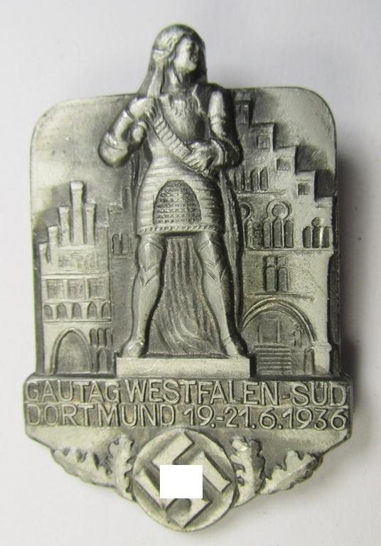 Detailed and pronounced, silverish-grey-coloured, N.S.D.A.P.-related day-badge (ie. 'tinnie' or: 'Veranstaltungsabzeichen') as was issued to commemorate the: 'Gautag Westfalen Süd - Dortmund - 19.-21.6.1936'