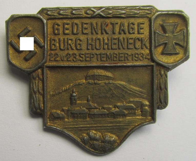 Commemorative golden-toned and/or tin-based (I deem): 'N.S.K.O.V.'-related 'tinnie' being a non-maker marked example showing the text: 'Gedenktage - Burg Höheneck - 22. 23. September 1934'