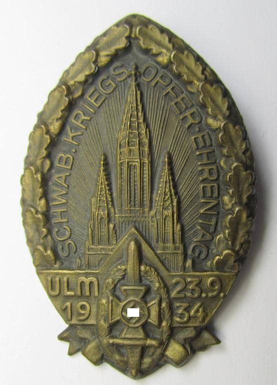 Commemorative bronze-toned and/or tin-based: 'N.S.K.O.V.'-related 'tinnie' being a non-maker marked example showing the text: 'Schwäb. Kriegsopfer Ehrentag - Ulm - 23.9.1934'