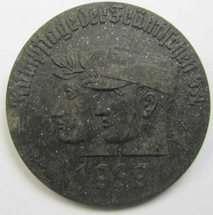 Zinc-based, SA- (ie. 'Sturmabteilungen'-) related day-badge (ie. 'tinnie') being a maker- (ie. 'L.Chr. Lauer - Nürnberg-Berlin - RzM M9/3'-) marked example entitled: 'Kampftage der Fränkischen S.A. - 1939'