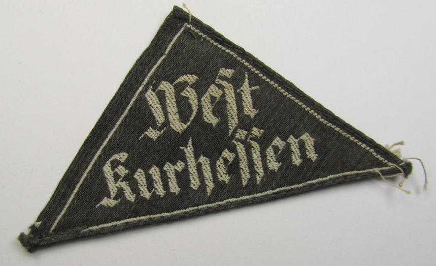 Early-pattern - and actually scarcely seen! - HJ/BDM (ie. 'Hitlerjugend' or: 'Bund Deutscher Mädel') district-triangle (ie. 'Gebietsdreieck') entitled: 'West Kurhessen' (being a clearly used example that has lost its 'RzM-etiket')