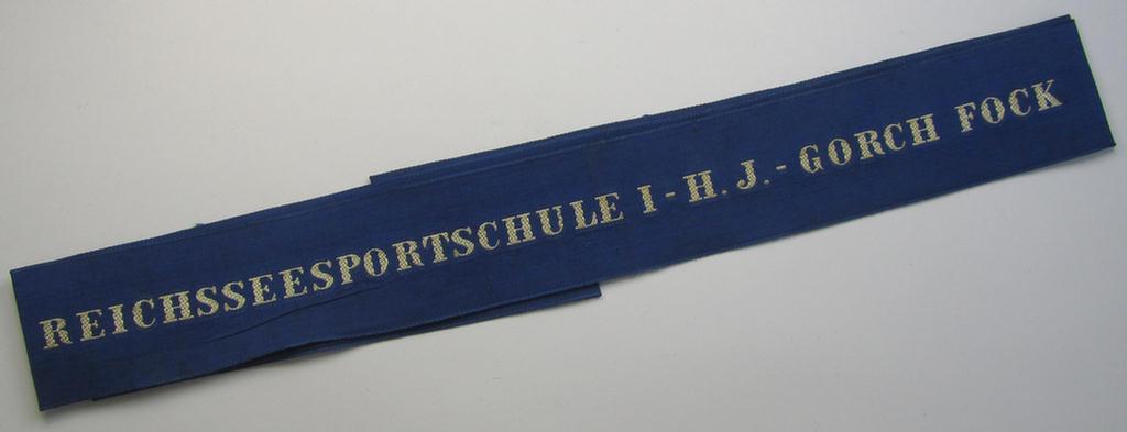 Stunning - and with certainty very rarely encountered! - Marine-HJ- (ie. 'Marine-Hitlerjugend'-) related cap-tally (ie. 'Mützenband') which is entitled: 'Reichsseesportschule I - H.J. - Gorch Fock'