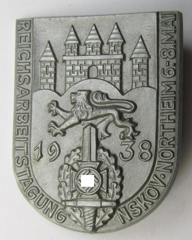 Commemorative, silver-toned- and/or: resin-based: 'N.S.K.O.V.'-related 'tinnie' being a non-maker marked example showing the text: 'Reichsarbeitstagung - N.S.K.O.V. - Northeim - 6.8. Mai 1933'