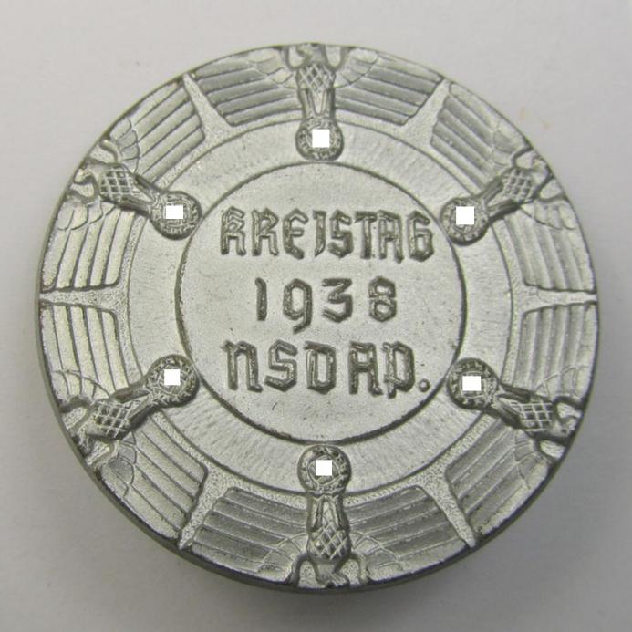 Commemorative silver-toned- and/or 'Leichtmetall'-based N.S.D.A.P.-related 'tinnie' being a (vaguely) maker- (ie. 'Förster & Barth'-) marked example showing the text: 'Kreistag 1938 N.S.D.A.P.'