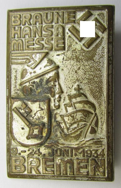 Commemorative, fairly early-period- and/or silvered copper-based N.S.D.A.P.-related 'tinnie' being a non-maker-marked example showing the text: 'Braune Hansa Messe - 9.-24. Juni 1934 - Bremen'