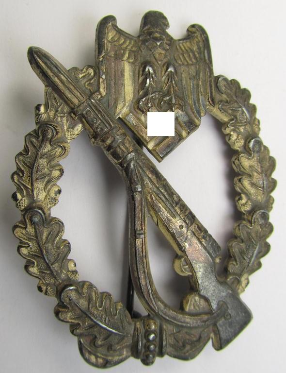 'Infanterie Sturmabzeichen in Silber' (or: silver infantry assault badge ie. IAB) as executed in zinc-based metal (ie. 'Feinzink') being a truly converse-shaped- (albeit non-maker-marked) example as was produced by the: 'Dr. Franke & Co.'-company