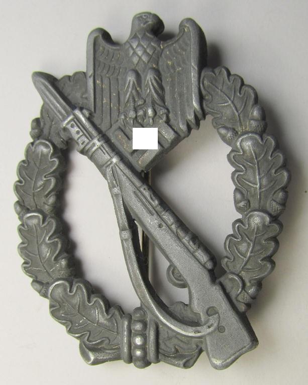 Superb, 'hollow-back' 'Infanterie Sturmabzeichen in Silber' (or: silver infantry assault badge ie. IAB) being a non-maker-marked example as executed in zinc-based metal (ie. 'Feinzink') as was produced by the: 'Wilh. Deumer'-company