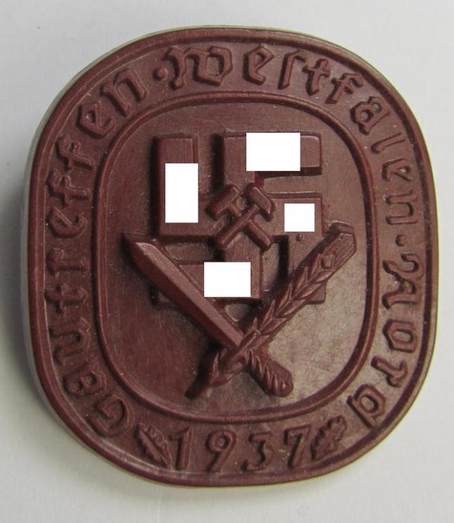 Reddish-brown-coloured- and 'molded'-style, N.S.D.A.P.-related day-badge (ie. 'tinnie' or: 'Veranstaltungsabzeichen') bearing the text: 'Gautreffen - Westfalen-Nord - 1937' (showing the text: 'Gelsenkirchen - 25.-28. Juni' on its back)