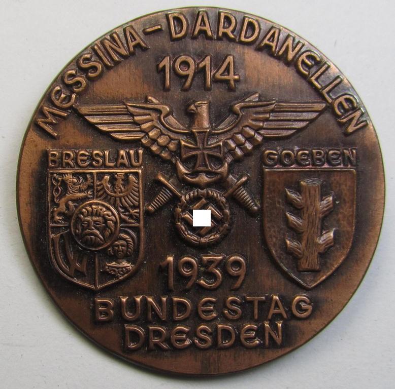 Commemorative, bronze-toned and/or tin-based: 'N.S.K.O.V.'-related 'tinnie' being a non-maker-marked example showing the text: 'Messina-Dardanellen - Bundestag Dresden - 1914-1939'