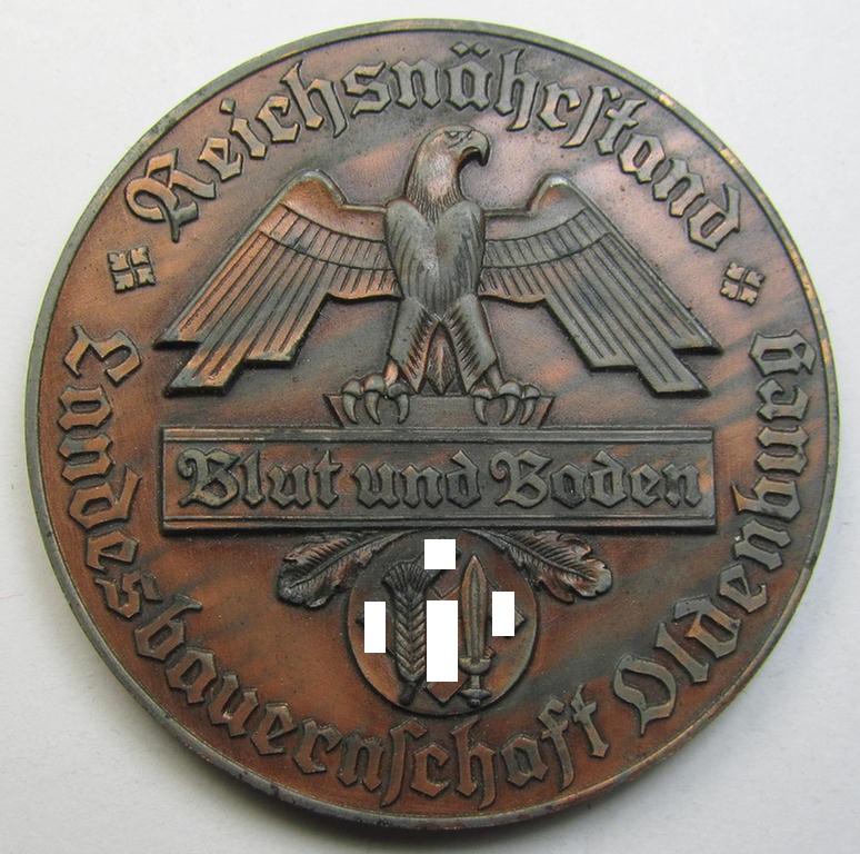 Reddish-bronze-toned- and/or zinc- (ie. 'Feinzink'-) based, so-called: 'Reichsnährstand'- (ie. 'RNSt.'-) related award-plaque entitled: 'Reichsnährstand Landesbauernschaft Oldenburg - Blut und Boden' and that comes as recently found