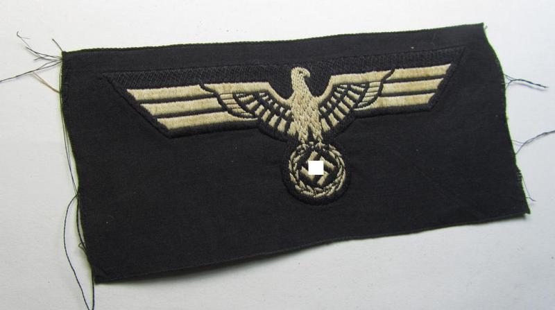 Neat, WH (Heeres) early- (ie. pre-) war-period- and/or white-coloured 'Panzer'-type breast-eagle of the so-called: 'M35'- (ie.'M36'-) pattern as was executed in the neat 'BeVo'-weave pattern on a black-coloured background