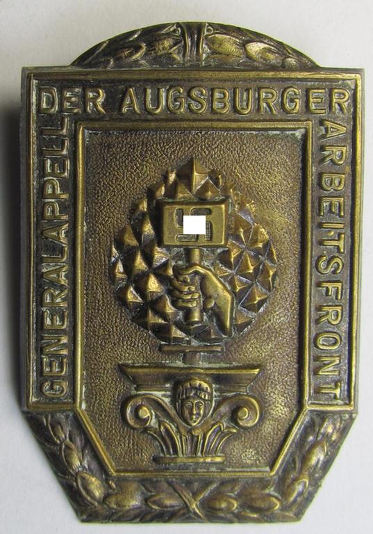 Unusually seen, commemorative DAF- (ie. 'Deutsches Arbeitsfront') related day-badge (ie. 'tinnie') as issued to commemorate a DAF-related gathering named the: 'Generalappell der Augsburger Arbeitsfront'