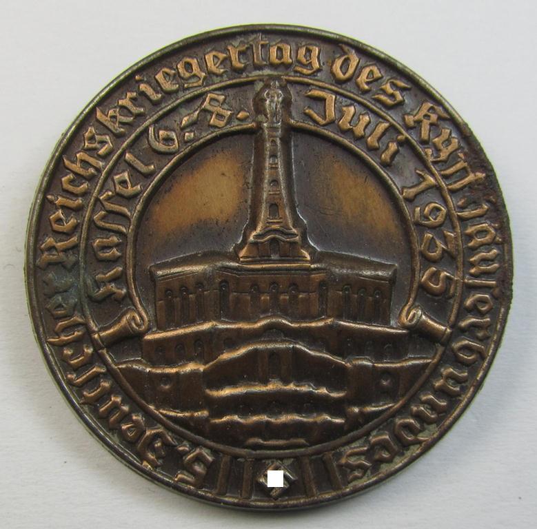 Copper-bronze-toned, D.R.K.B. (or: 'Deutscher Reichskriegerbund' aka 'Kyffhäuserbund') day-badge (ie. 'tinnie') being a non-maker-marked example entitled: '5. Deutscher Reichskriegertag des Kyffhäuserbundes - Kassel - 6.- 8. Juni 1937'