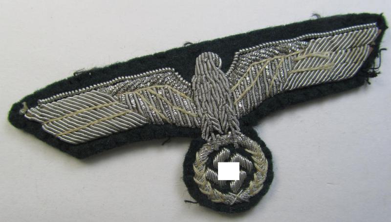 Attractive - and only moderately used! - WH (Heeres) officers'-type, hand-embroidered breast-eagle (ie. 'Brustadler für Offiziere') as was executed in bright-silverish-coloured braid as was intended for usage on the various officers'-pattern tunics