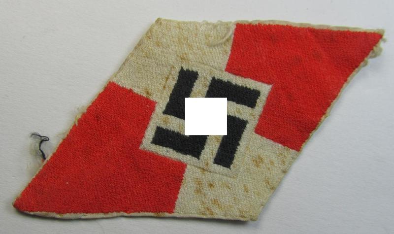 'Standard-issue'-pattern, 'Hitlerjugend'- ie. 'Bund Deutsche Mädel (HJ/BDM) so-called: 'Ärmelraute' as was executed in so-called 'BeVo'-weave pattern (being a moderately used- ie. worn example)