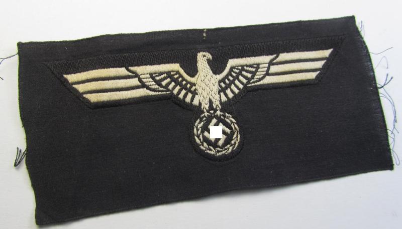 Neat, WH (Heeres) early- (ie. pre-) war-period- and/or white-coloured 'Panzer'-type breast-eagle of the so-called: 'M35'- (ie.'M36'-) pattern as was executed in the neat 'BeVo'-weave pattern on a black-coloured background