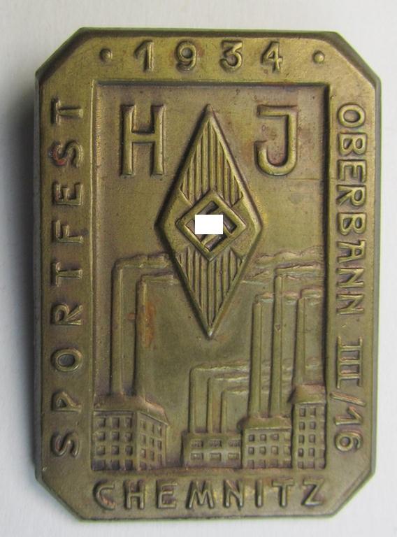 Superb - and rarely found! - HJ- (ie. 'Hitlerjugend'-) related day-badge (ie. 'tinnie' or: 'Veranstaltungsabzeichen') as was issued to commemorate a HJ-related sports-event named: 'H.J. Sportfest - Oberbann III/16 - Chemnitz - 1934'