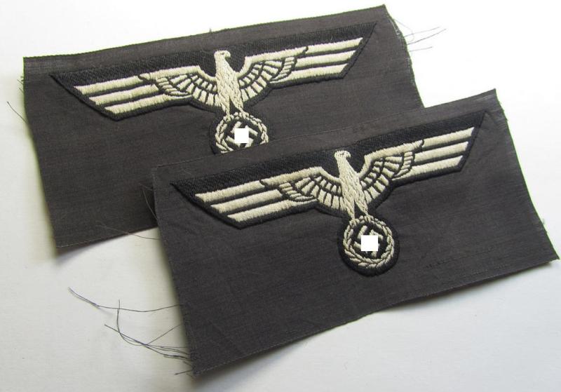 Neat, WH (Heeres) early- (ie. pre-) war-period- and/or white-coloured 'Panzer'-type breast-eagle of the so-called: 'M35'- (ie.'M36'-) pattern as was executed in the neat 'BeVo'-weave pattern on a black-coloured background