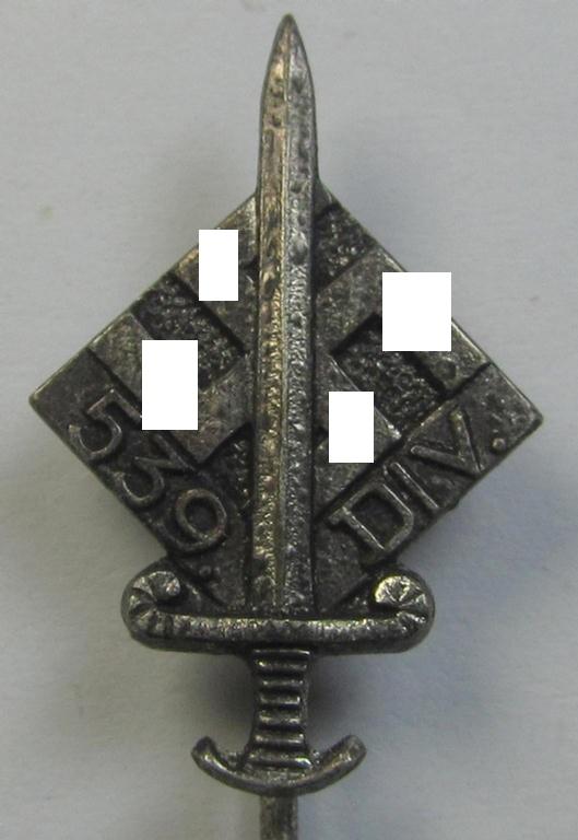 Superb - and truly rarely encountered! - WH (Heeres) 'Truppentraditions-Abzeichen o. Ehrennadel der 539. Infanterie-Division' being a maker- (ie. 'Deschler - München'-) marked example as executed in silvered metal (ie. 'Buntmetall')