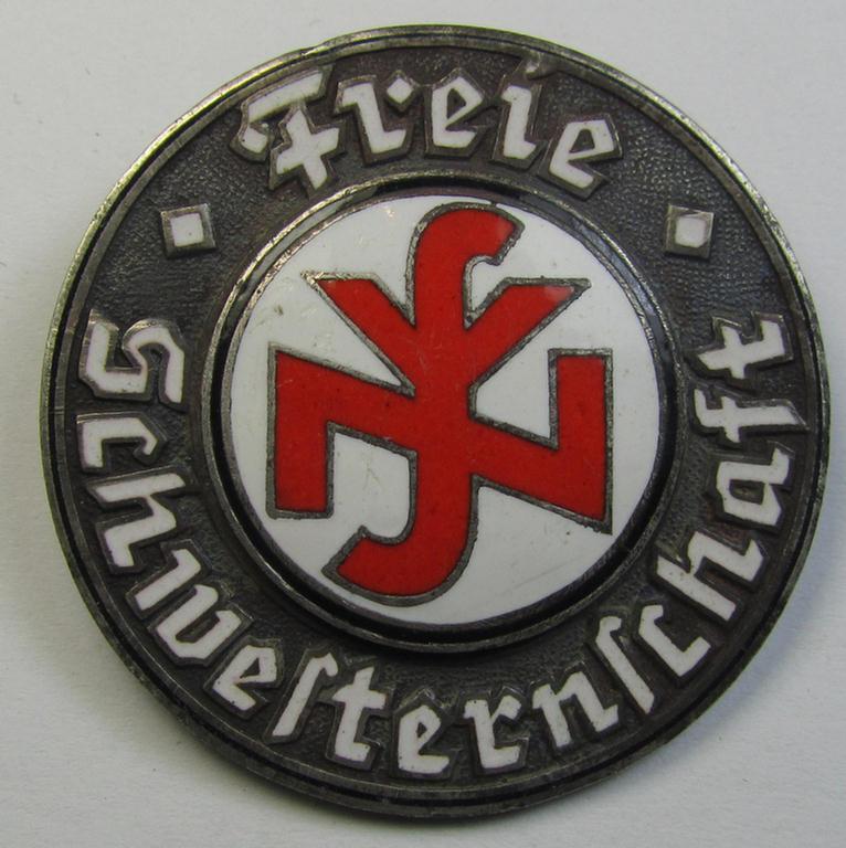 Attractive, DRK- (ie. 'Deutsches Rotes Kreuz'- or German Red Cross) related so-called: nurses'-brooch entitled: 'Freie Schwesternschaft' (being a just minimally used- and multi-coloured enamelled albeit non-maker-marked example)