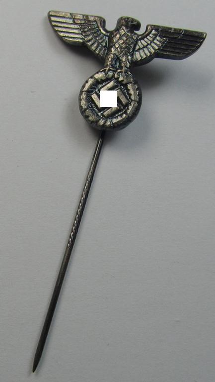 Silverish-coloured - and truly very detailed! - so-called: 'N.S.D.A.P.'-supporter- (ie. membership-) lapel-pin (ie. 'tie'-pin) being a maker- (ie. 'R. Souval'-) marked example showing a pronounced 'Reichsadler'-device