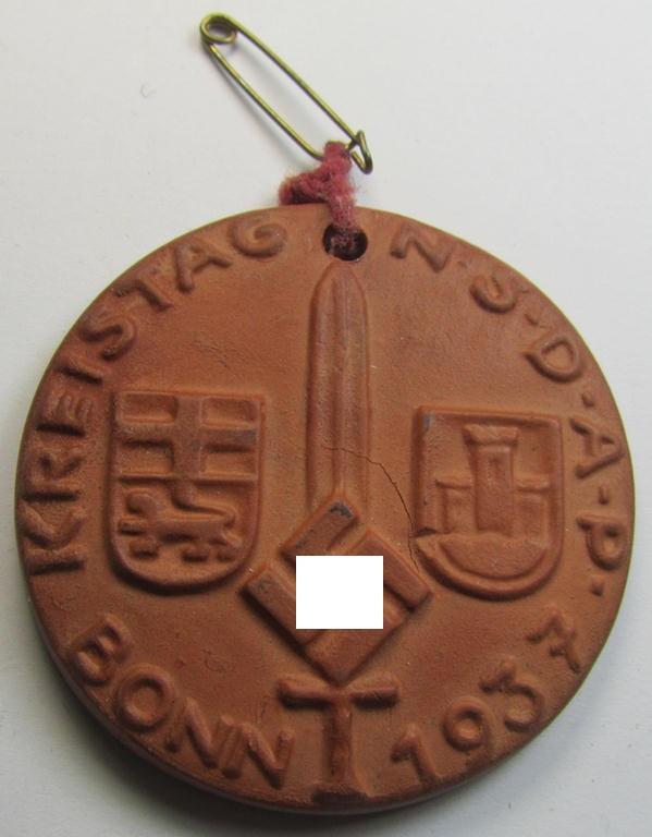 Attractive - and most certainly not that often encountered! - brownish-red-toned- and/or: 'earthen-ware'-based, so-called: 'Erinnerungs-Medaille' showing an upward-positioned sword coupled with the text: 'Kreistag N.S.D.A.P. - Bonn 1937'