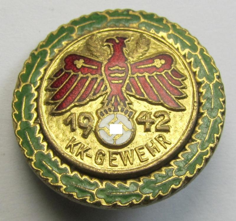 Attractive - and unusally seen! - multi-coloured enamelled, smaller-sized so-called: 'Gauleistungsabzeichen in Gold für KK-Gewehr 1942 des Standschützenverbandes Tirol-Vorarlberg'