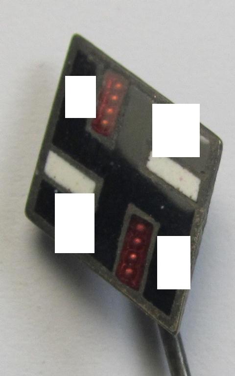 Attractive, 'NS-Studentenbund' enamelled lapel-pin (ie.: 'Raute') being a bright-red-, black- and white-coloured- and/or detailed example showing a clear maker- (ie. 'RzM M1/52'-) designation on its back