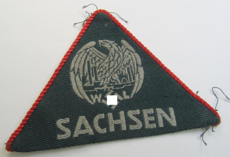 Attractive - and scarcely found! - EM- (ie. NCO-) pattern 'Reichsluftschutzbund' (ie. 'RLB'-) service-armbadge as executed in the neat 'BeVo'-weave-pattern as was specifically intended for usage by the: 'RLB-Werkluftschutz Sachsen'