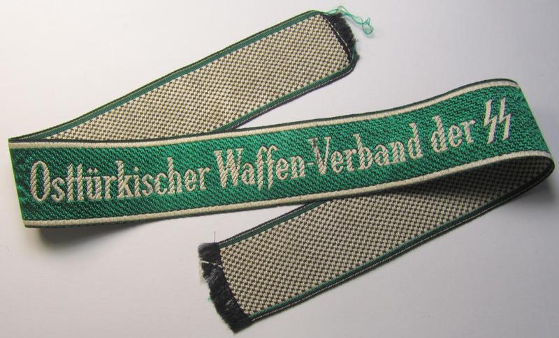 Superb, Waffen-SS 1943/44-pattern- and neatly 'BeVo'-woven cuff-title (ie. 'Ärmelstreifen') that is entitled: 'Osttürkischer Waffen-Verband der SS' and that comes in a 'virtually mint ie. unissued', condition