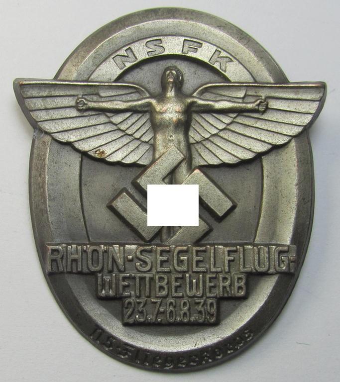 Silver-toned, N.S.F.K.-related day-badge (ie. 'tinnie') being a non-maker-marked example as was issued to commemorate a specific meeting ie. national rally entitled: 'N.S.F.K. Rhön-Segelflug Wettbewerb 23.7.-6.8.39'